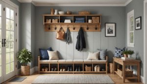 Mudroom bench with hooks