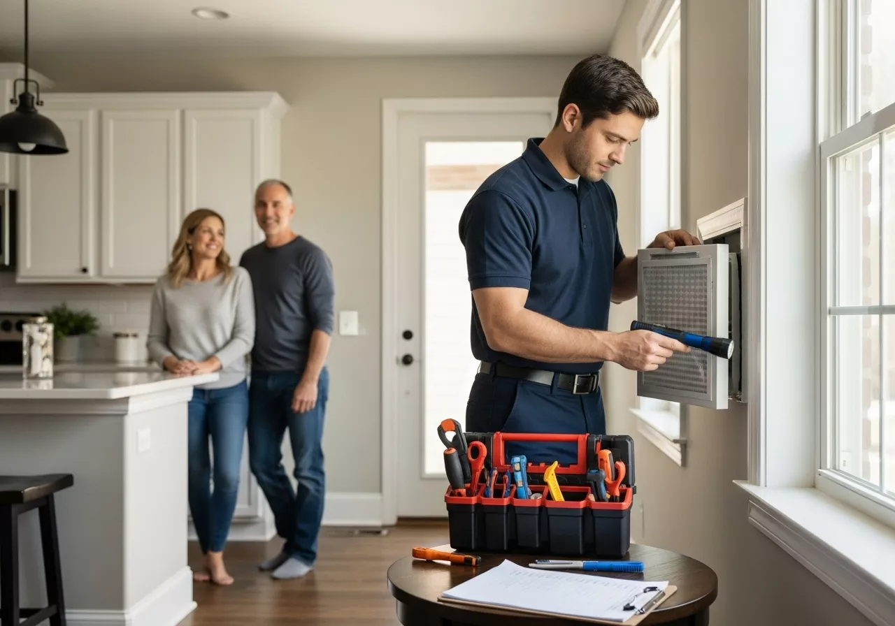 Handyman performing seasonal home maintenance while homeowners relax in a clean, well kept house