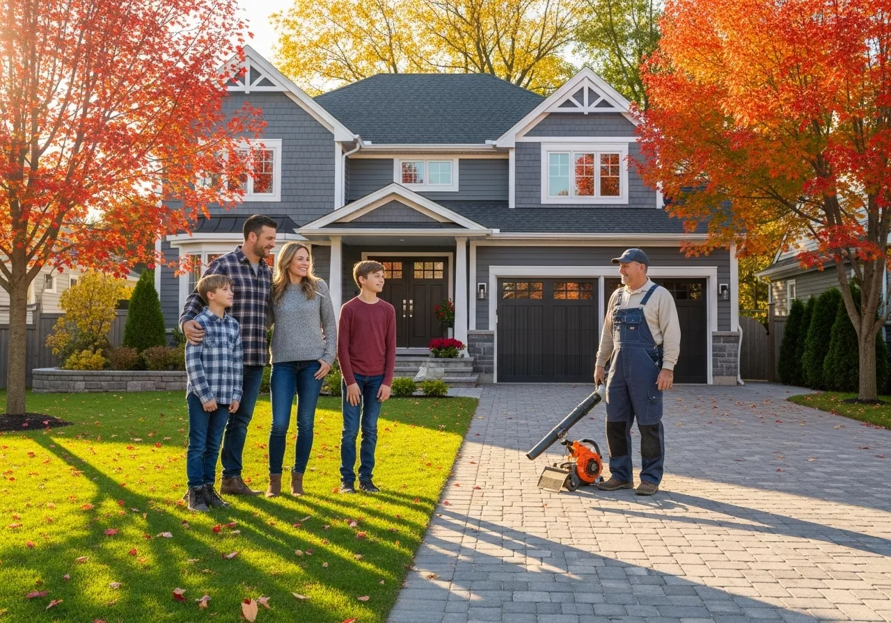 Canadian family smiling and thanking a handyman after professional fall maintenance service.