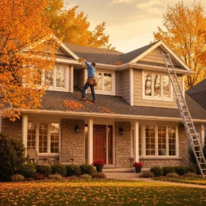 Fall Home Maintenance Package Professional handyman cleaning gutters and preparing a home for winter during fall maintenance service.