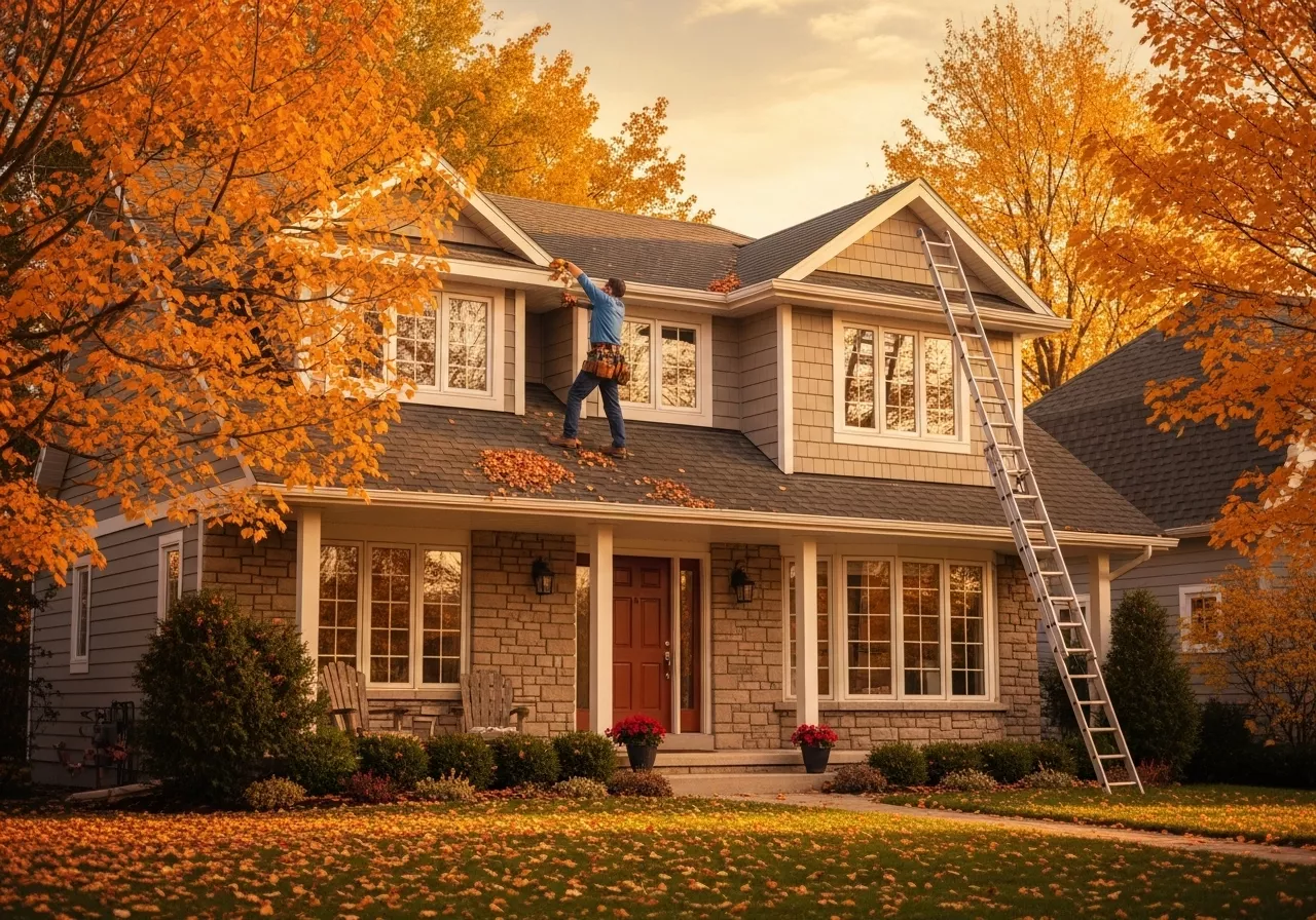 Fall Home Maintenance Package Professional handyman cleaning gutters and preparing a home for winter during fall maintenance service.