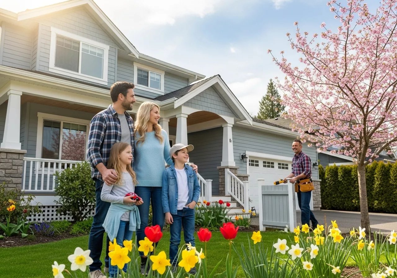 Smiling family outside their home thanking a handyman after spring maintenance and cleaning service.