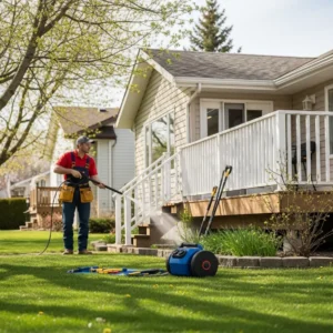 spring home maintenance package Professional handyman cleaning gutters and power washing a deck during spring home maintenance in Canada.