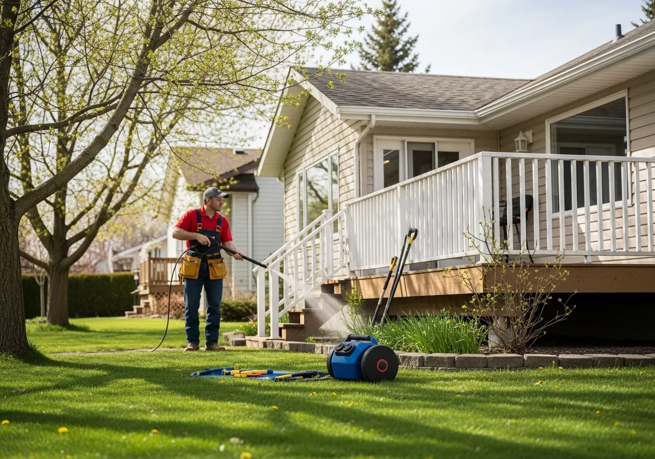 spring home maintenance package Professional handyman cleaning gutters and power washing a deck during spring home maintenance in Canada.