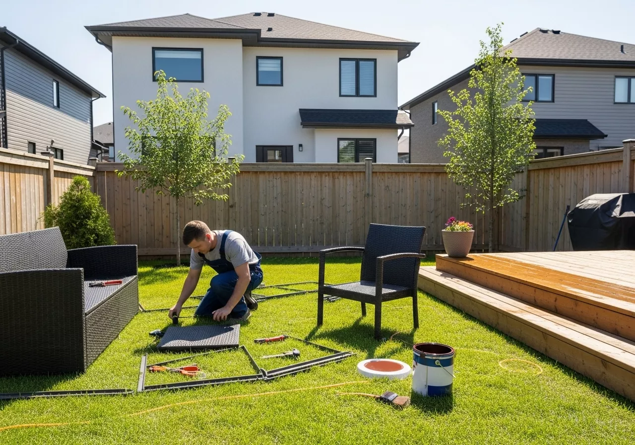 summer home maintenance package Handyman assembling patio furniture and maintaining a backyard deck during summer service.