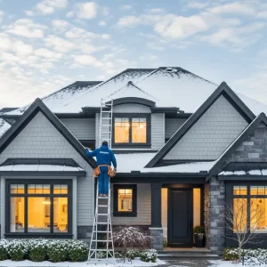 Winter Home Maintenance Package A modern Canadian home covered in fresh snow with warm interior lights, representing professional winter maintenance and preparation by CNG Contracting in Toronto.