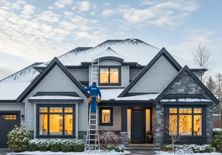 Winter Home Maintenance Package A modern Canadian home covered in fresh snow with warm interior lights, representing professional winter maintenance and preparation by CNG Contracting in Toronto.