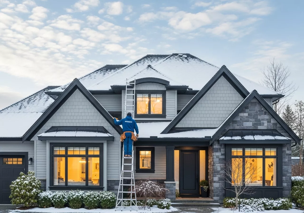 Winter Home Maintenance Package A modern Canadian home covered in fresh snow with warm interior lights, representing professional winter maintenance and preparation by CNG Contracting in Toronto.